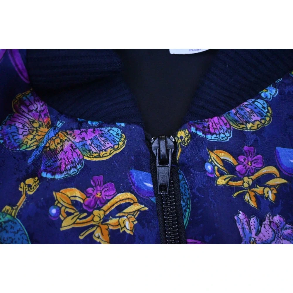 Vintage 90s Caribou Womens M Bomber Jacket Navy Perfume Print Zip Front Bold